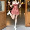 Sweet Red Plaid Summer Academic Style Waist-Cinched Short Dress