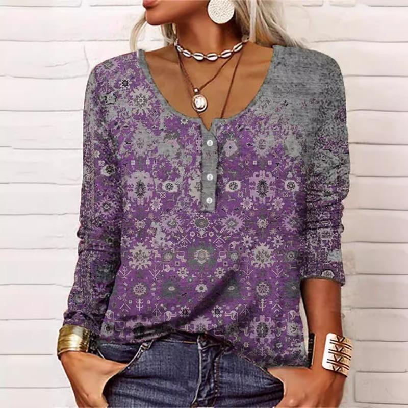 Autumn Winter Women's Long Sleeved Printed V-neck Loose T-shirt for Women