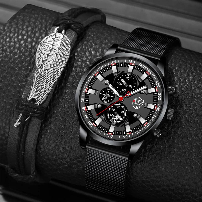 

2 шт./комплект 1 шт. Модные мужские спортивные кварцевые наручные часы из нержавеющей стали с сетчатым ремешком и 1 шт. Мужской браслет