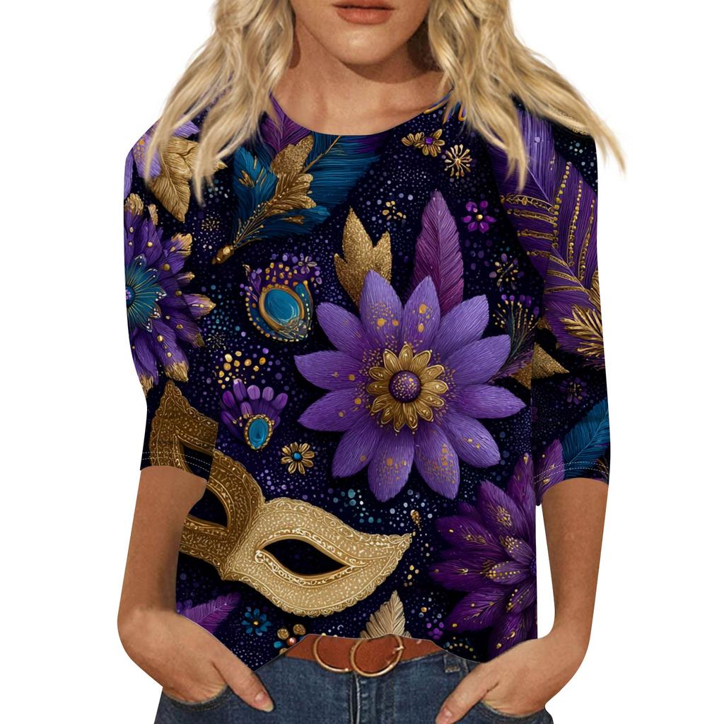 Dámský módní ležérní top s tříčtvrtečním rukávem a karnevalovým potiskem u krku