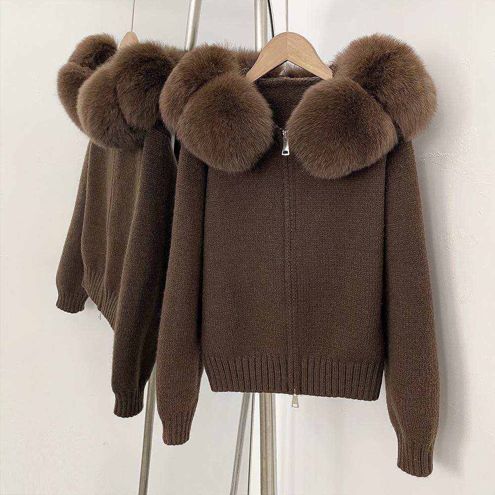 Women Cardigan Natural Fur Coat Real Mongolian Fur Knitwear Spring Autumn Hooded Knitted Fur Jacket