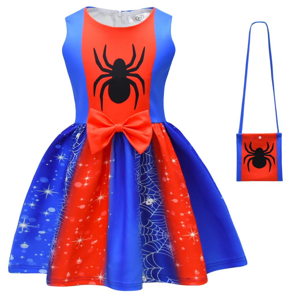 New Halloween Models, Sleeveless Girls' Skirts, Grid Cartoon Digital Printing, Bow Girls' Dresses + Bags.
