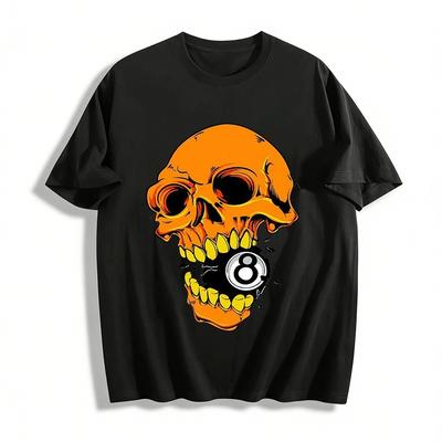Skull Biting 8 Ball Graphic Trendy Casual Short Sleeve T-Shirt Pure Cotton T-shirt