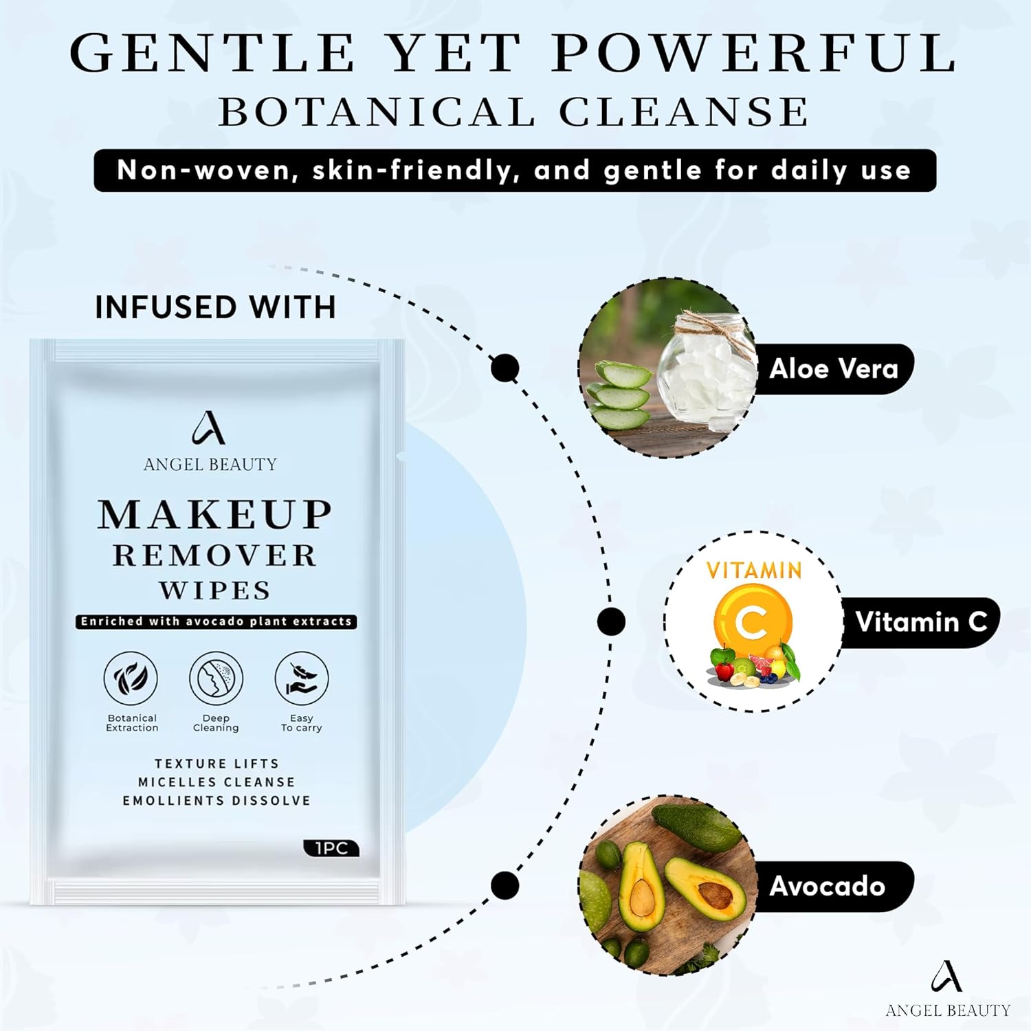 Angel Beauty Makeup Remover Wipes – 30 Individually Wrapped Micellar Face Wipes Singles – Daily Gentle Facial Cleanser with Aloe, Avocado &