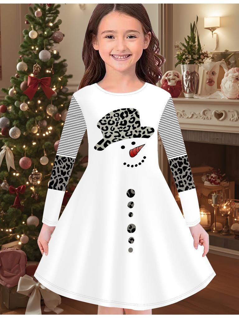 Girls' Autumn and Winter Fashion Dress, 3D Christmas Print  Round Neck Long Children's T-shirt Dress, Casual Versatile, Christmas Clothing