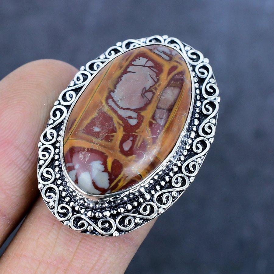 Pierre Gemme Jaspe Noreena Naturel Argent Sterling 925 Bijou Bague Taille 8 J1f80
