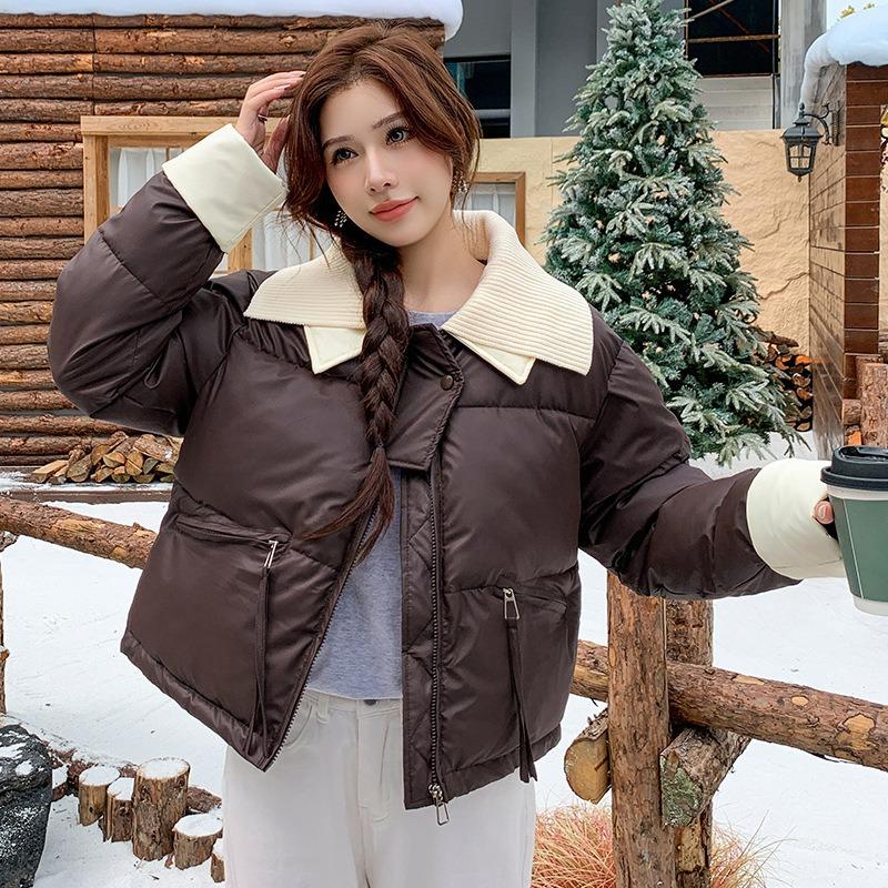 

2025 вязаный лацкан короткая пуховая хлопковая куртка для женской зимы новая хлопковая куртка из ПУ кожи M темно-коричневого