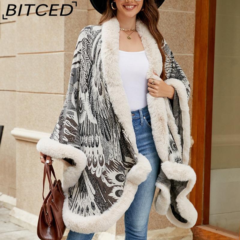 BITCED Autumn/Winter Peacock Flower Knitted Cape for Women - Thickened Warmth Shawl