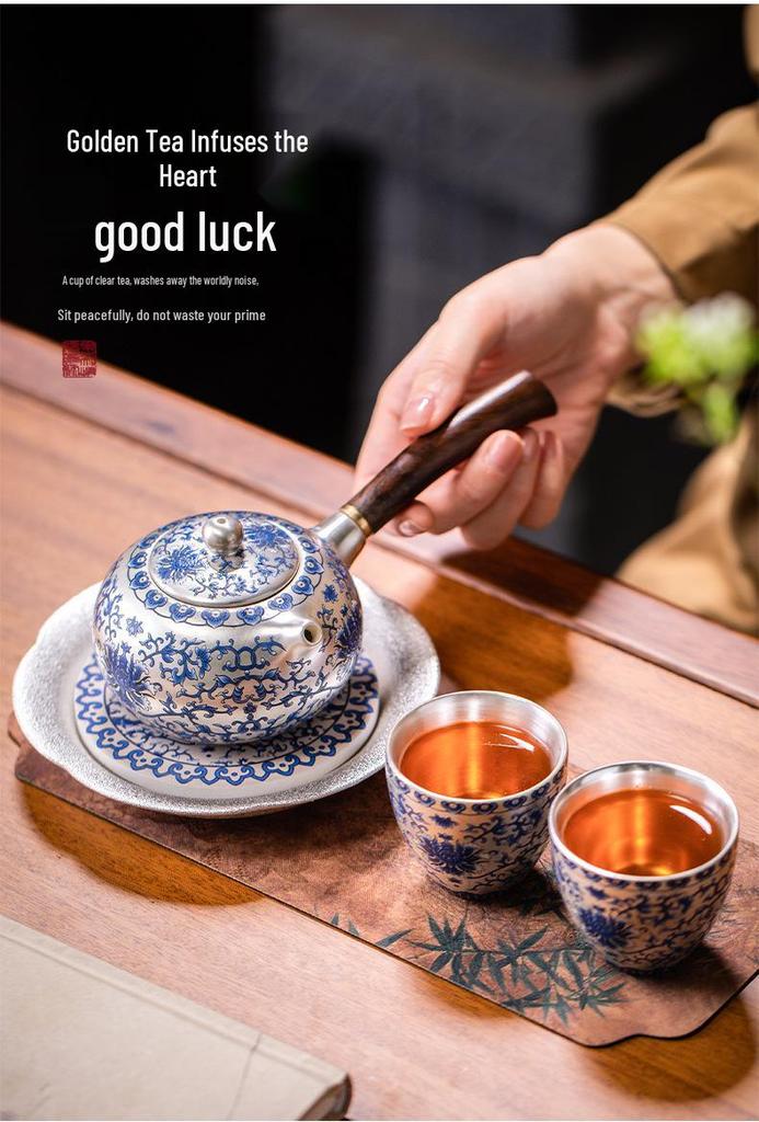 Blue & White Gilded Gongfu Tea Set: Teapot, 2 Cups & Tray In Gift Box for Home or Office.