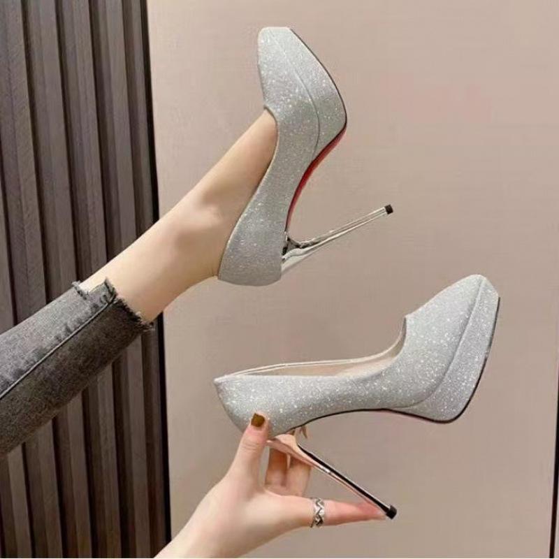 2025 Women's Stiletto Heels: Banquet Evening Dress Shoes with 12CM Waterproof Platform and Pointed Toe High Heels