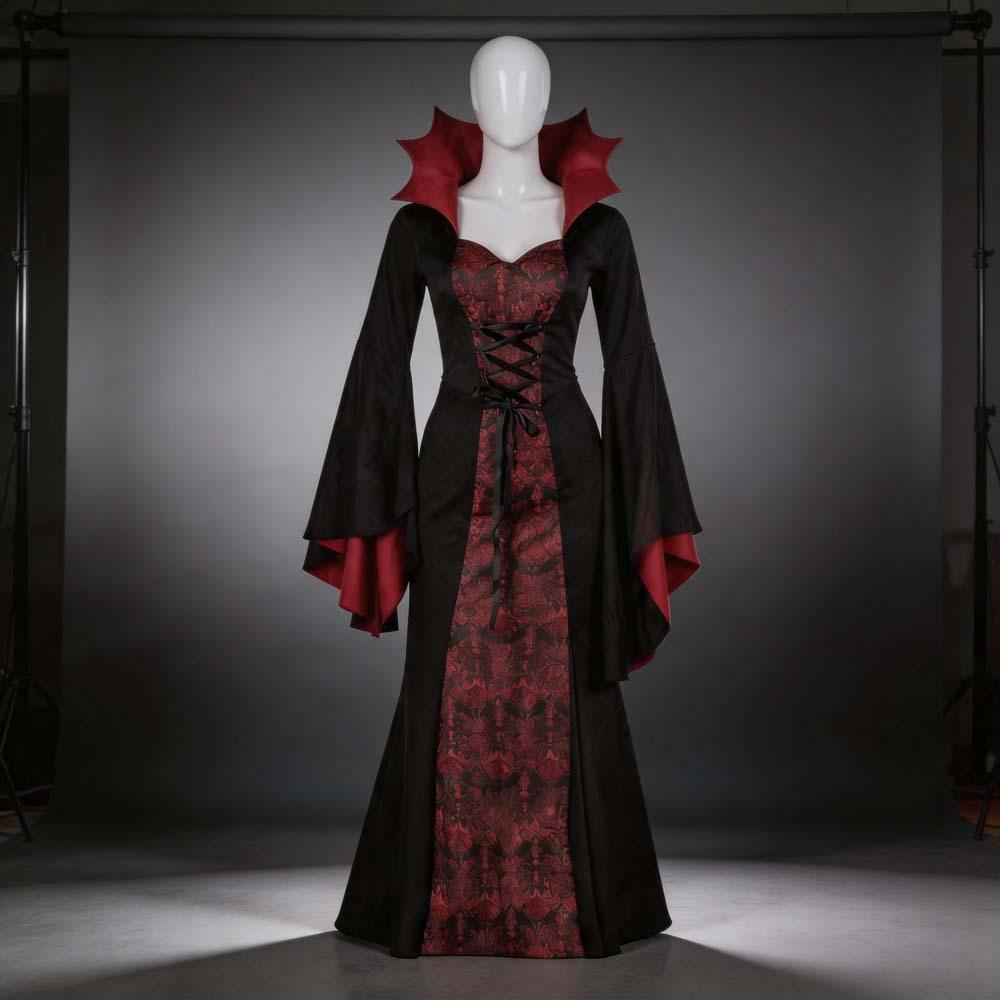 Vampire Witch Cosplay Costume Gothic Vampire Dress for Halloween Party Medieval Renaissance Long Gown Black for Women