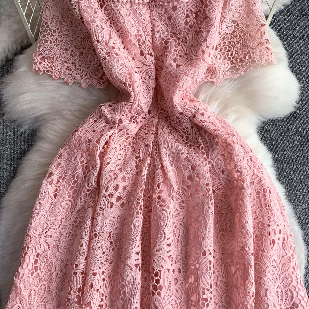 Elegant Pearl Chain Diamon Luxury Embroidery Lace Prom Evening Dresses Women Summer Short Sleeve Hollow Out Midi Long Dress