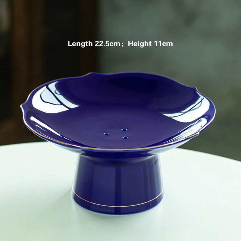 Living Room Household Snacks Tribute Plate Bowl Light Luxury Tea Table Blue and White Ceramic High Foot Tea Tray Fruit Plate