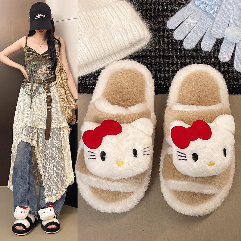 High-value kitten fluffy slippers women's shoes outer wear 2025 autumn and winter new versatile fashion warm cotton slippers