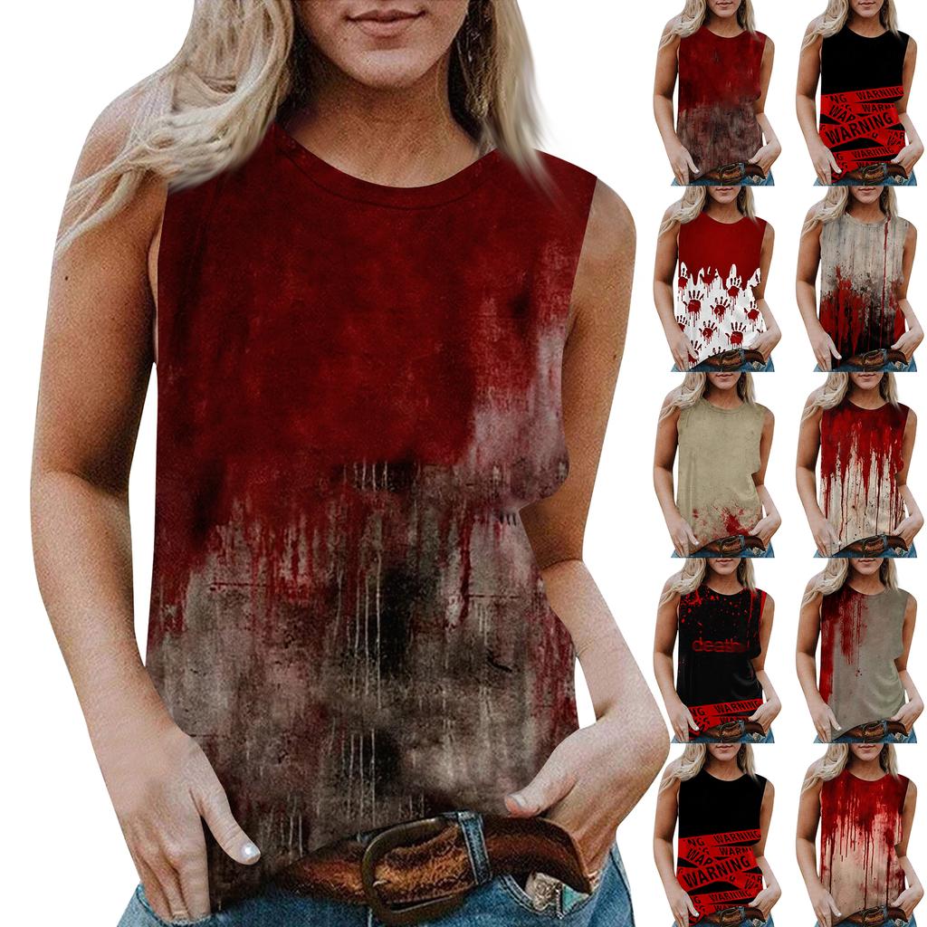 Women's Round Neck Casual Sleeveless Halloween Printed Vest T-Shirt Top