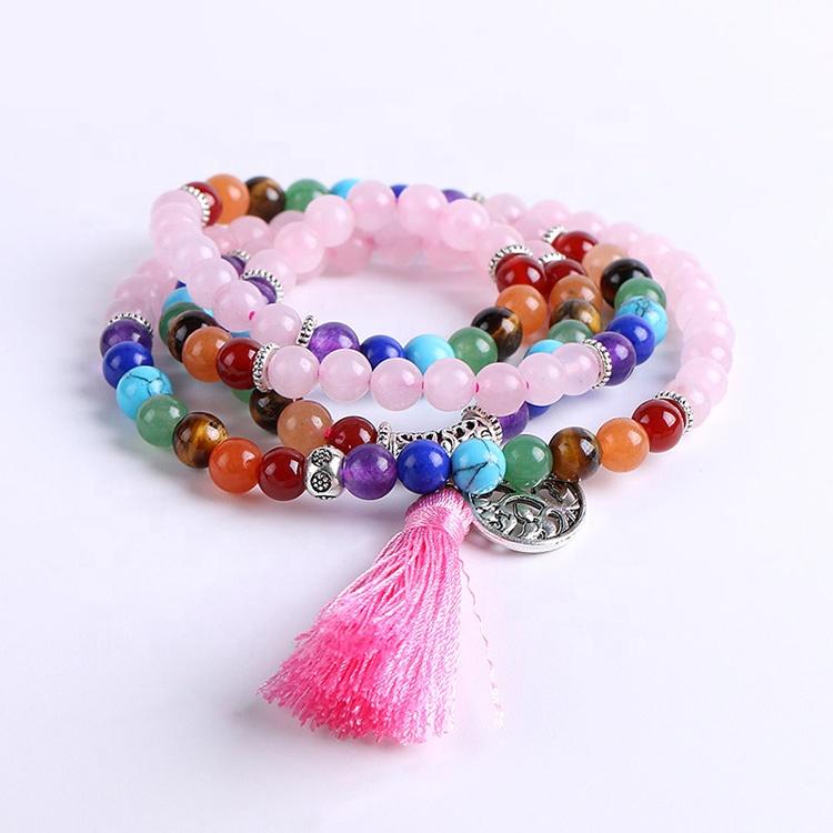 Natural Rose Quartz Prayer 6mm Beads 108 Mala Meditation Healing 7 Chakra Tree of Life Tassel Beaded Bracelets Necklace