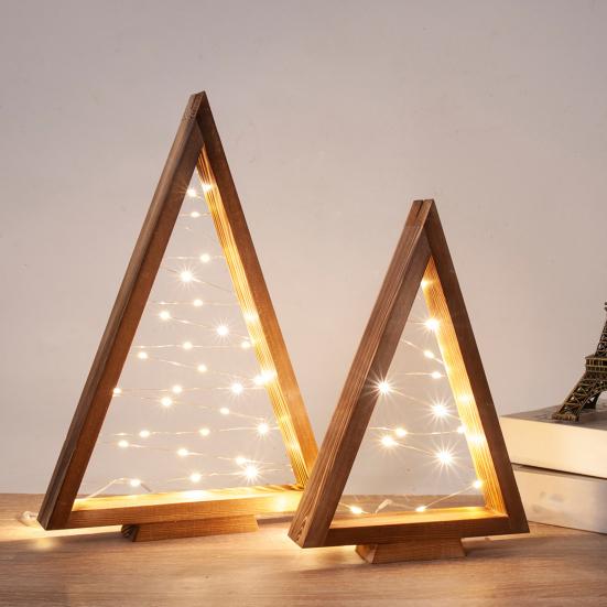 2Pcs Wooden Christmas Tree Ornament with LED Light Farmhouse Rustic Glowing Xmas Tree Table Sign Home Office Desktop Triangle Decoration