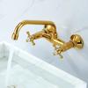 Wandmontierte Badezimmerwaschbeckenarmatur Wandmontiert Zweigriff Europäischer Stil Waschbeckenmischer Messing Gold Chrom