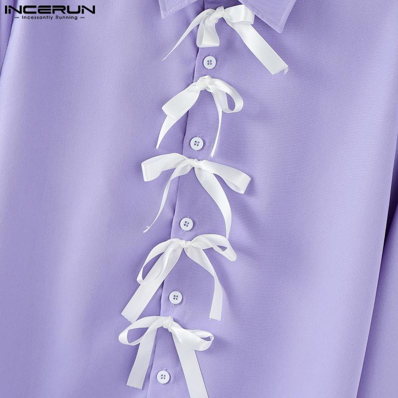 INCERUN Men Lapel Long Sleeve Front Bow Knot Back Twisted Casual Shirts