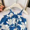 Girls' Summer Blue Floral Vacation Set with Spaghetti Strap Top & Straight-Leg Pants