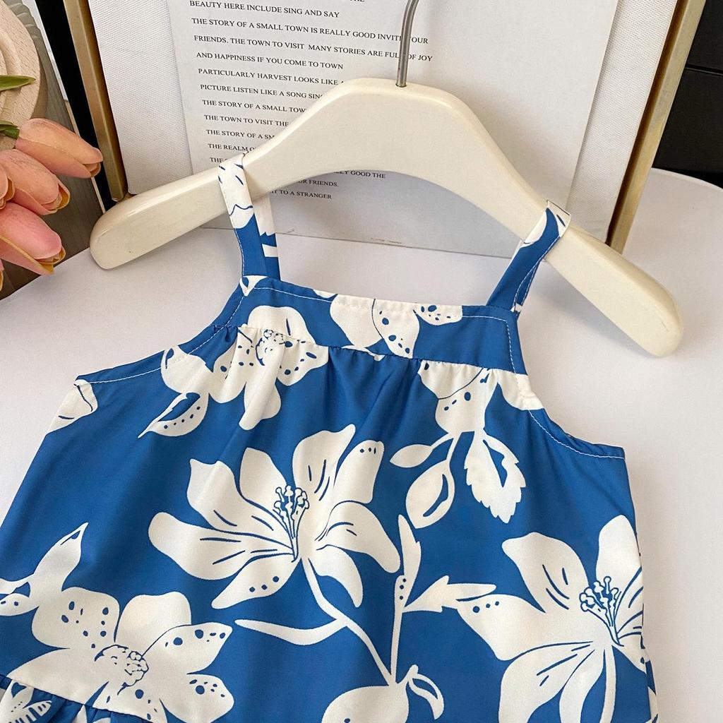 Girls' Summer Blue Floral Vacation Set with Spaghetti Strap Top & Straight-Leg Pants