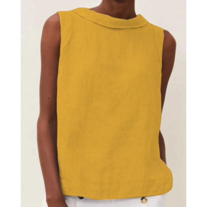 Cotton Linen Solid Color Round Neck Short Blouses & Shirts Casual Solid Color Sleeveless Top