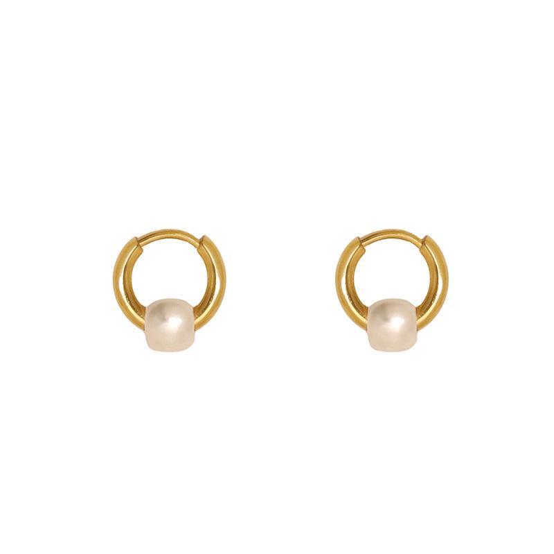 Elegant White Pearl Titanium Steel Hoop Earrings with Minimalist Korean Design