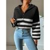 Loose Sweater Women Long Flare Sleeve Striped Zipper Stand Collar Knit Autumn Winter Thicken Warm Pullover