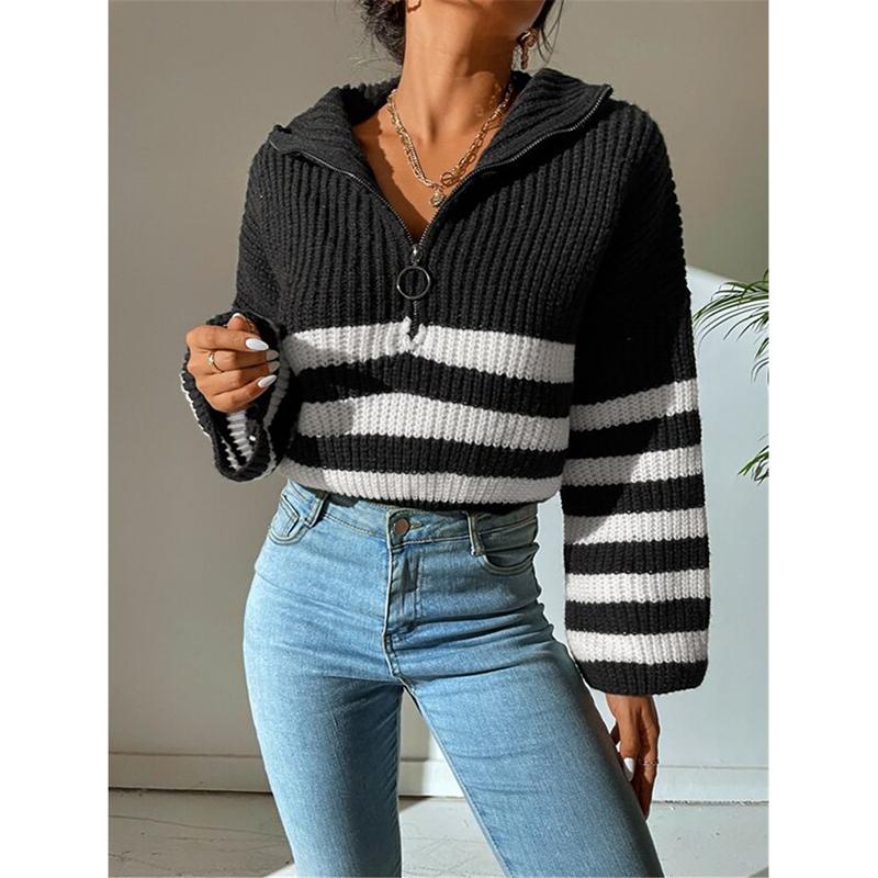 Loose Sweater Women Long Flare Sleeve Striped Zipper Stand Collar Knit Autumn Winter Thicken Warm Pullover