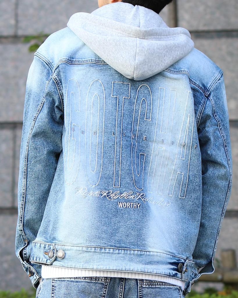 GATCHA Stretch Blast Wash Denim Jacket with Detachable Size and Clothing Hood, Bleach, L, 241G1622, Men's Women's, Spring/Summer