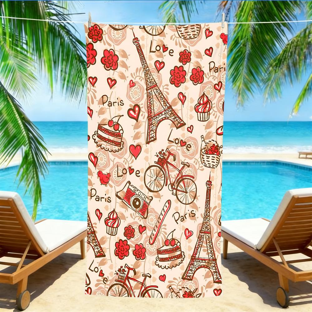 French Romantic Paris Beach Towel – Soft Absorbent Microfiber with Eiffel Tower & Bicycle Print for Summer W30*H60(CM)