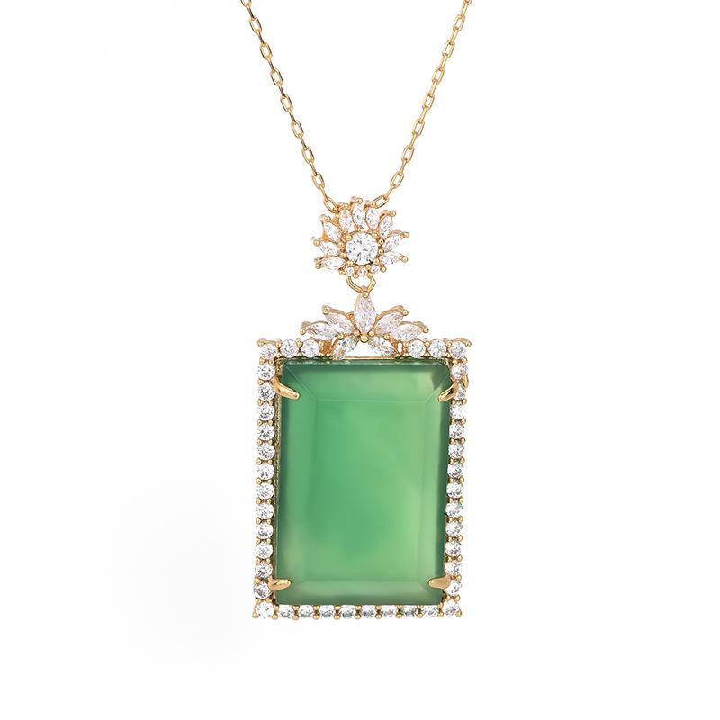 Aieryuan Chinese Ethnic Jade Pendant Necklace - Natural Green Chalcedony Peaceful Square for Men and Women