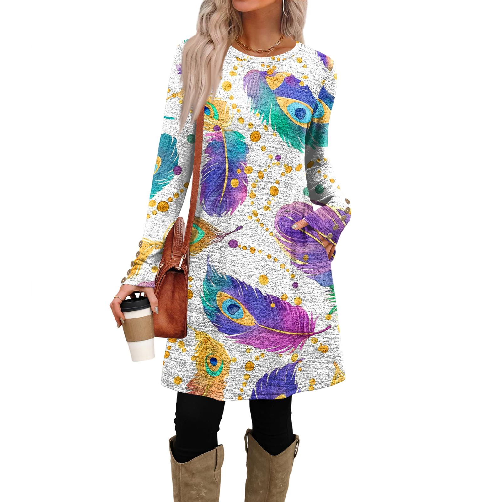 

Women s Fashion Casual Dress With Pockets, Decorative Buttons, Carnival Prints, Round Neck And Long Sleeves XL белый
