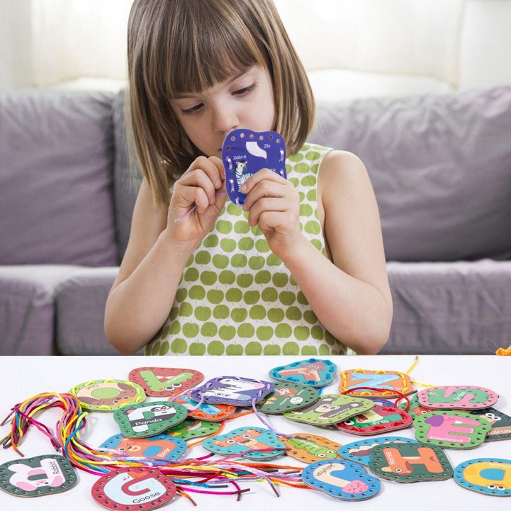 

Wooden Children Threading Rope Board Educational Letter Learing Sewing Cards Gift Alphabet cards