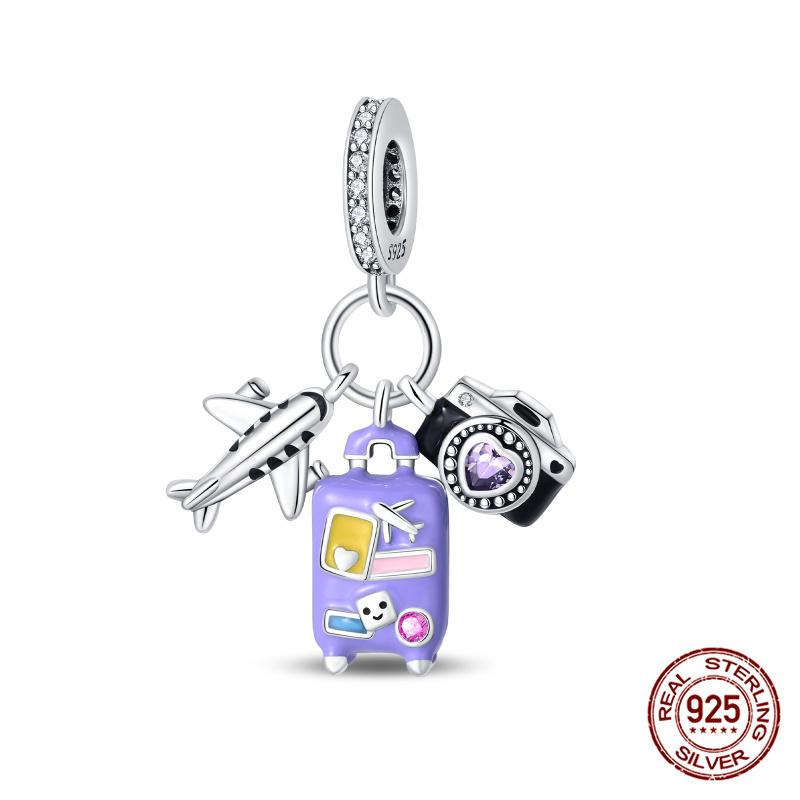 Authentic Original 100% Copper Metal Luggage Airplane Passport Summer Travel Charm Bead Components Compatible With Authentic Original Bracelet High