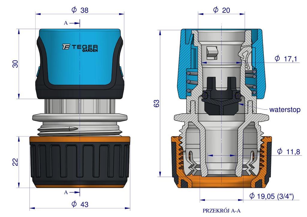 Szybkozłączka 3/4" Do Węża Ogrodowego - Z Waterstop / Teger  Solidny