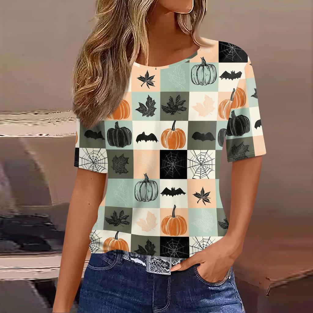 Womens Casual Short Sleeve Halloween Pullover Shirt Round Neck Bat Pumpkin Print Top Lightweight Comfortable Fit
