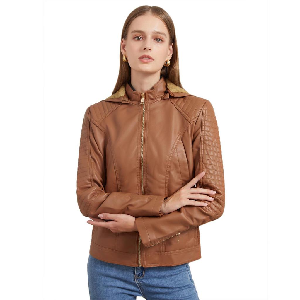 Veste pour femme en similicuir de style européen et américain avec doublure polaire, à capuche, longueur courte, veste chaude et décontractée pour l'automne et l'hiver.