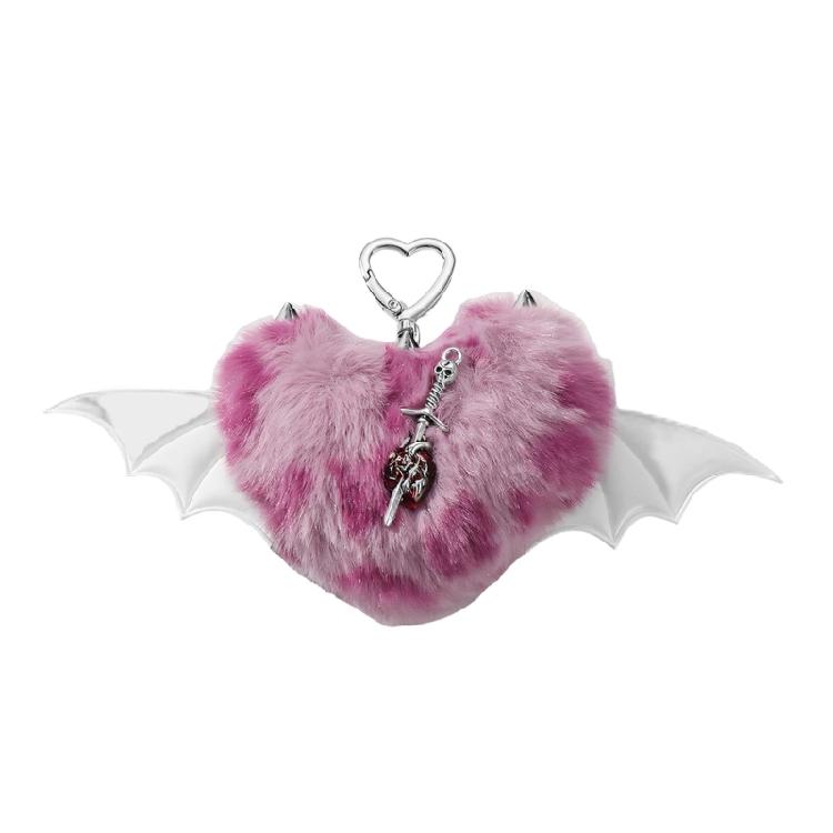 Unique Y2K Themed Fuzzy Keychain With Winged Heart Charm Delicate Keyrings Pendant Accessory For Bags And Keys