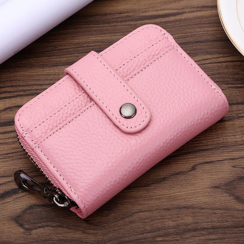 Short Zipper Women's First-layer Cowhide RFID Card Bag Card Holder, Men's Multi-functional Leather Organ Card Holder ID Bag