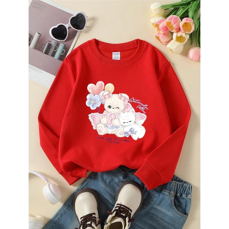 European sizes Crewneck Sweatshirt for Kids Featuring an Adorable Bear And Cat with Balloons, Soft And Comfy Sportswear Is Ideal for Casual Outings