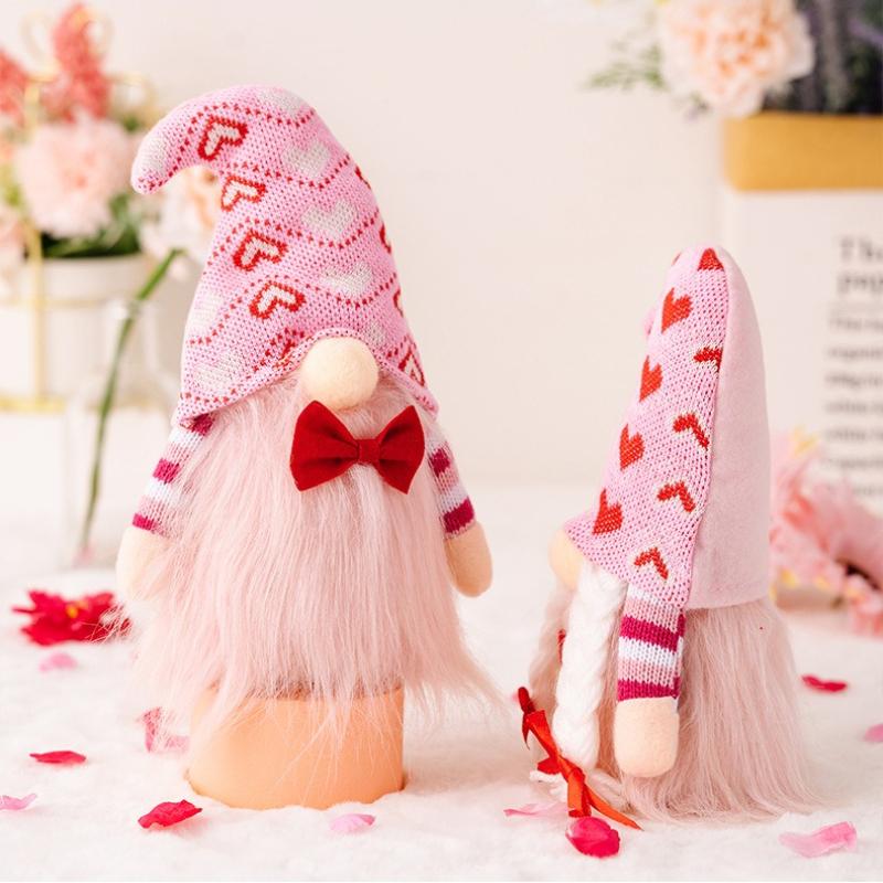 Pink Heart Plush Doll 22cm Valentine's Day Decoration Couple Figurine Gift with Red Bow Soft Stuffed Toy for Romantic Home Decor