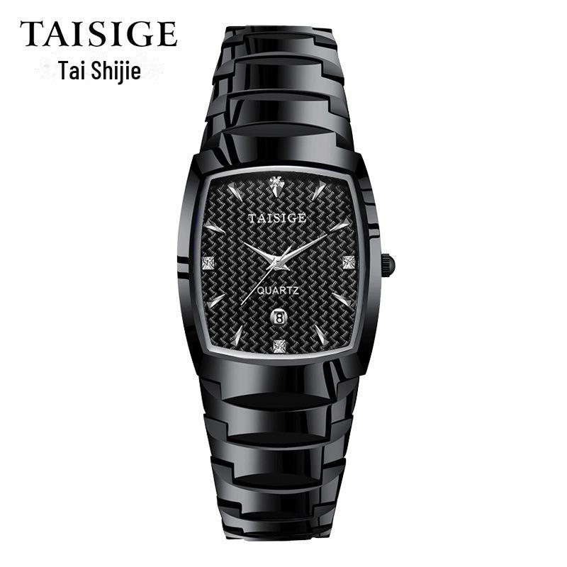 TAISIGE Men's Black Steel Quartz Watch with Square Grid Dial and Calendar