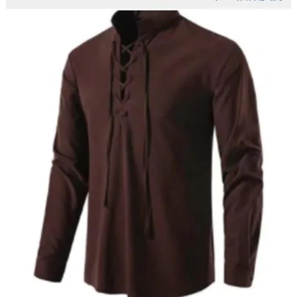 Men Cotton Linen Lace Up Long Sleeve Solid Blouse Shirts Summer Male Solid Loose Pullover Blouse Tops ARJ-A1776