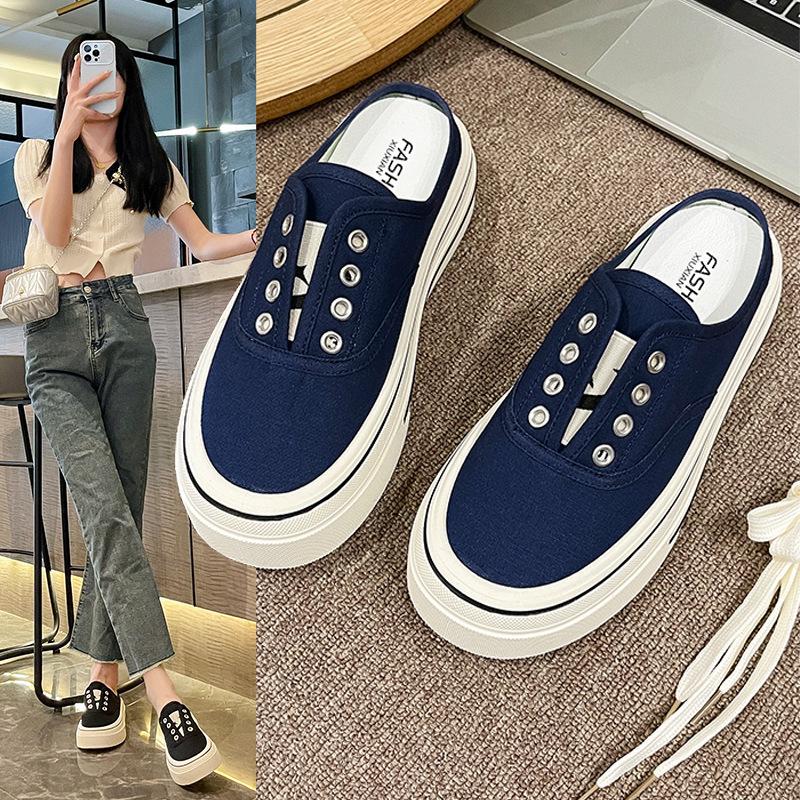 2025 new casual canvas shoes heel-free versatile lazy one-pedal platform ins bag head half slippers women's summer