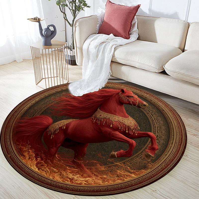 Red Horse,Round Area Rug,Carpet Rug for Living Room Bedroom Sofa Playroom Decor,Non-slip Floor Mat