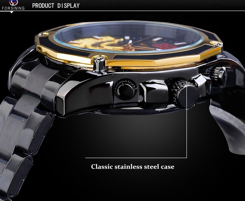 Luxuriöse mechanische Armbanduhren, goldenes Skelett-Zifferblatt, Edelstahlstreifen, automatische Uhren für Männer, transparente Uhr