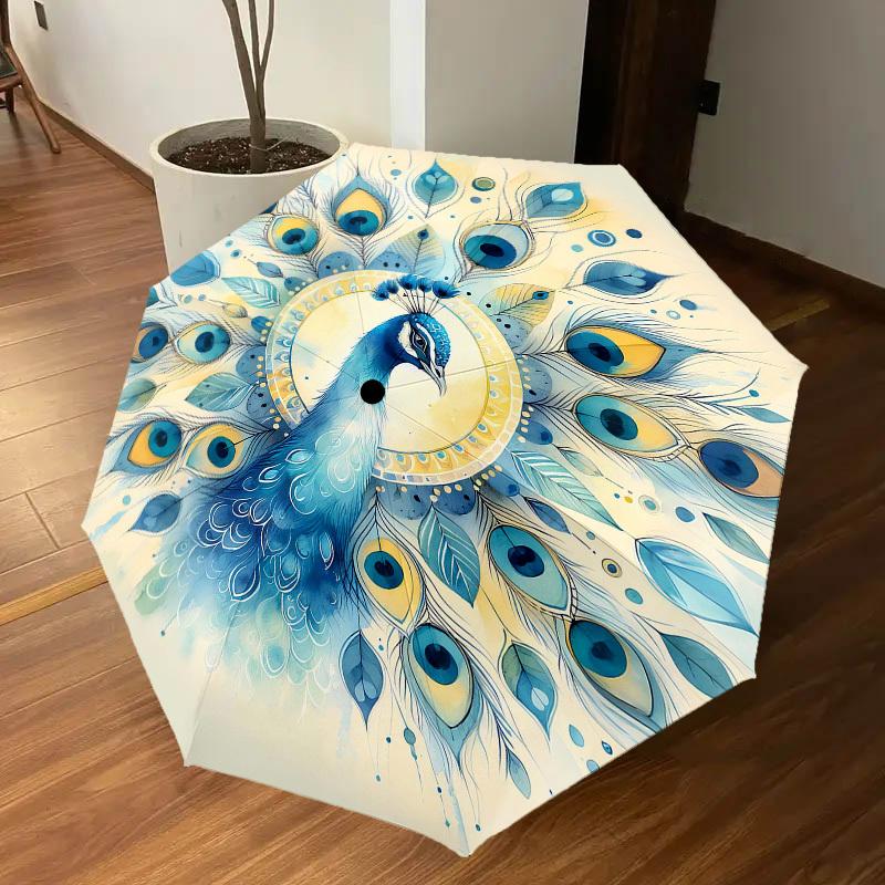 1PC Peacock Feathers Automatic Open/Close Umbrella Compact Folding Umbrella with 8-Rib Shaft lightweight esign, Highquality Fabric1132A