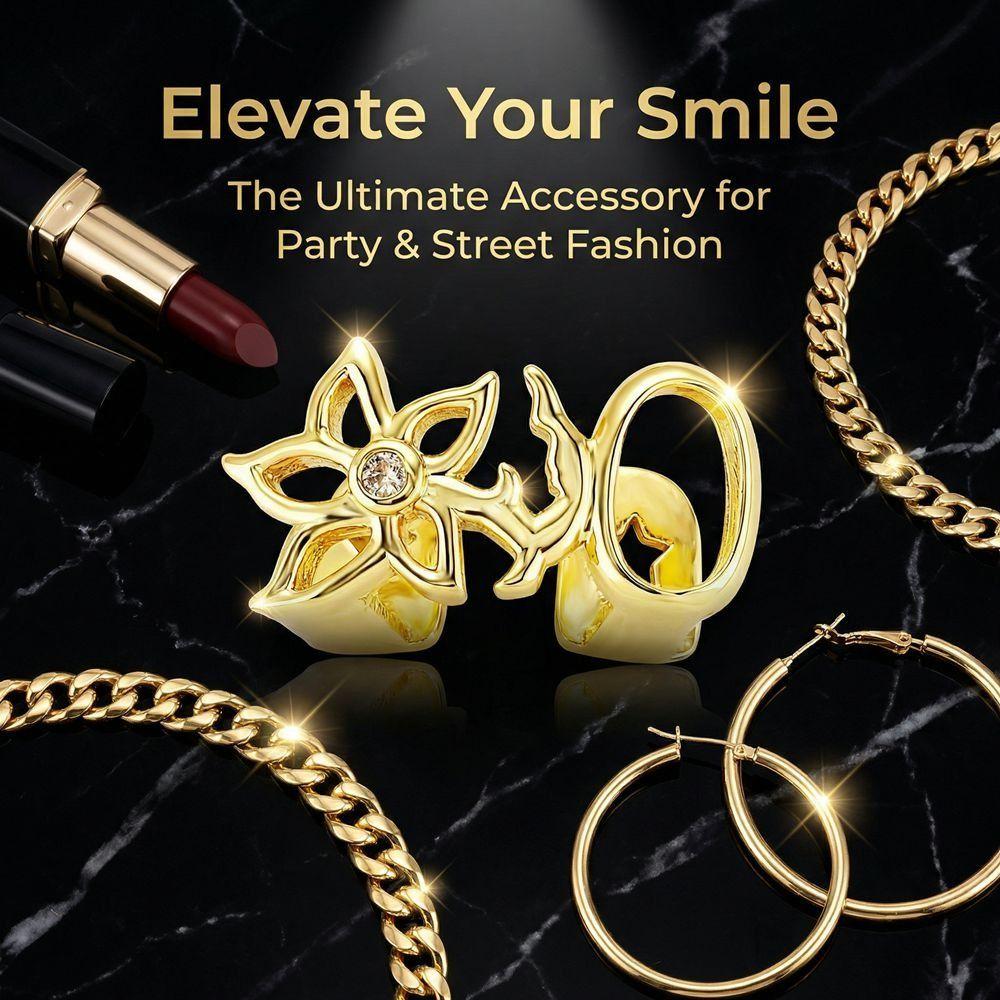 Glossy Finish Double Hollow Flower Grillz Gold Irregular Shape Tooth Grills Daily Wearable