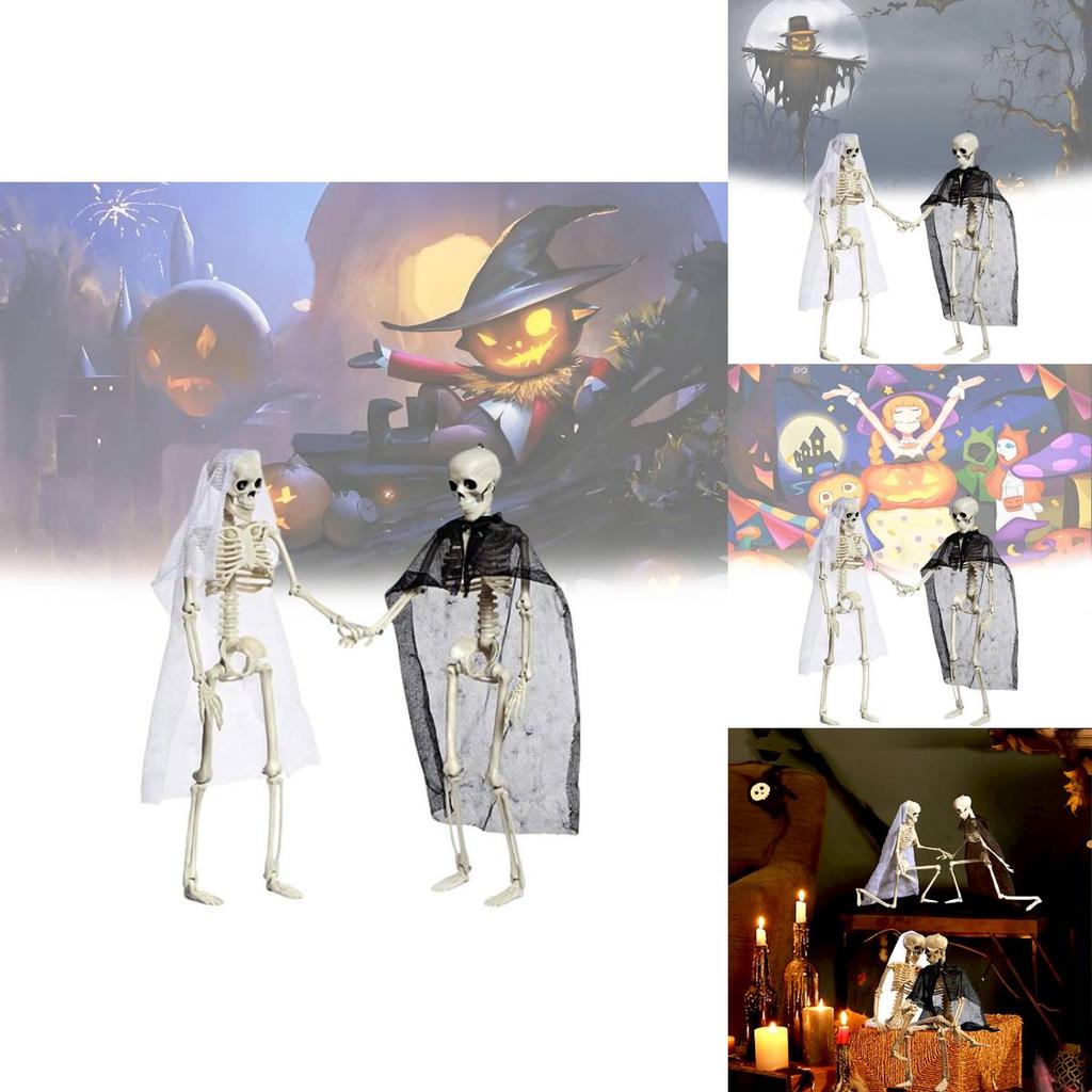 Festive Halloween Skeleton Couple Decorative Props Realistic Plastic Bride Groom Design 21x10cm